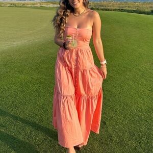 STAUD Elroy Strapless Midi Dress Grapefruit Coral Button Front Small